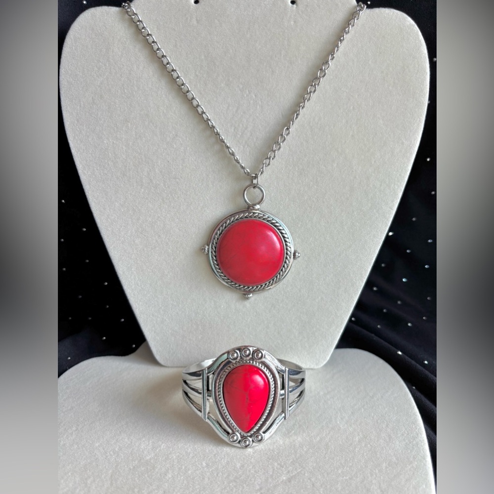 Long Red Statement Necklace Pendant - Unbranded Silver-Tone Fashion Jewelry